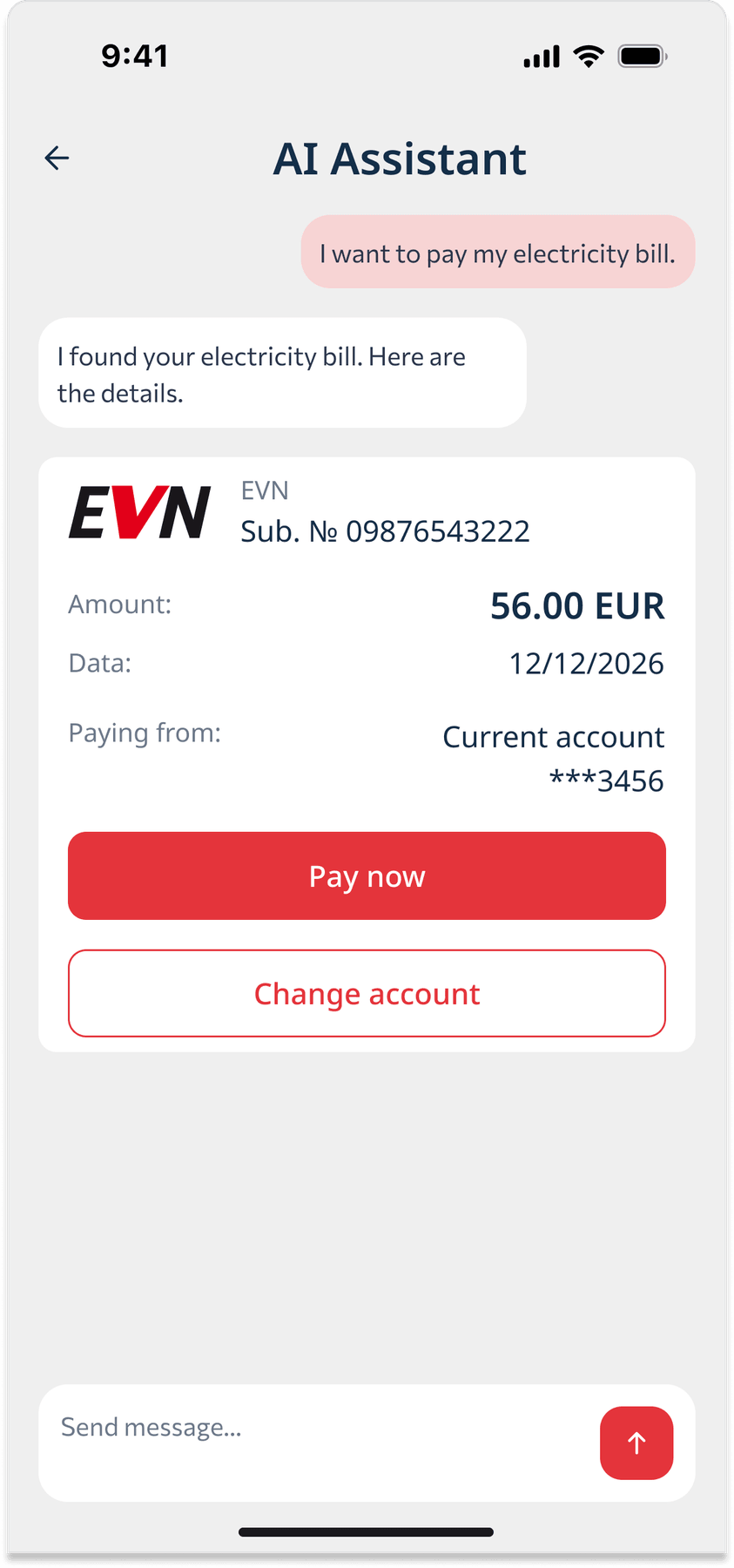 The AI Assistant on a phone, finding an electricity bill and preparing the payment